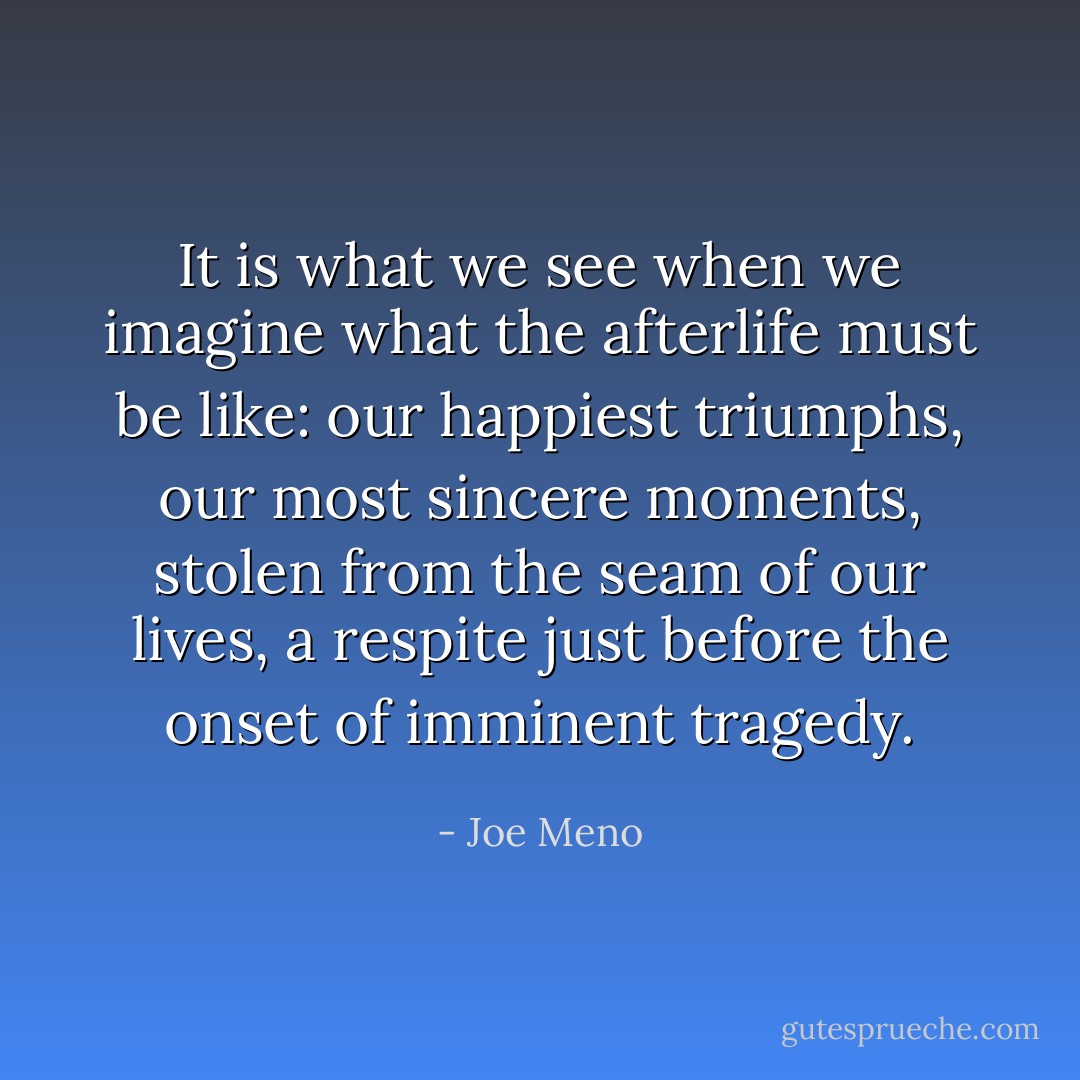 It is what we see when we imagine what the afterlife must be like: our happiest triumphs, our most sincere moments, stolen from the seam of our lives, a respite just before the onset of imminent tragedy. - Joe Meno