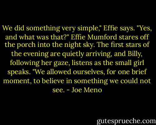 We did something very simple," Effie says.<br />"Yes, and what was that?"<br />Effie Mumford stares off the porch into the night sky. The first stars of the evening are quietly arriving, and Billy, following her gaze, listens as the small girl speaks.<br />"We allowed ourselves, for one brief moment, to believe in something we could not see. - Joe Meno
