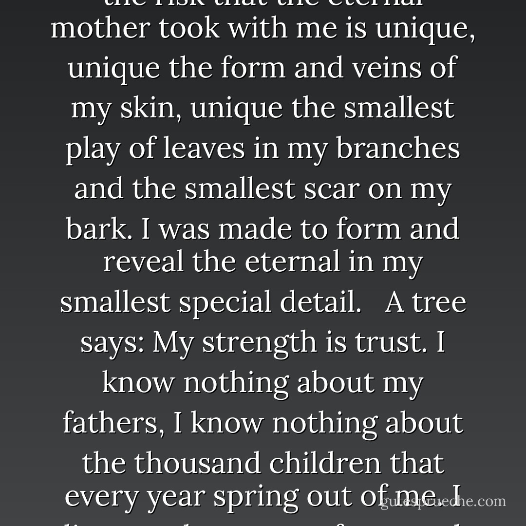 For me, trees have always been the most penetrating preachers. I revere them when they live in tribes and families, in forests and groves. And even more I revere them when they stand alone. They are like lonely persons. Not like hermits who have stolen away out of some weakness, but like great, solitary men, like Beethoven and Nietzsche. In their highest boughs the world rustles, their roots rest in infinity; but they do not lose themselves there, they struggle with all the force of their lives for one thing only: to fulfil themselves according to their own laws, to build up their own form, to represent themselves. Nothing is holier, nothing is more exemplary than a beautiful, strong tree. When a tree is cut down and reveals its naked death-wound to the sun, one can read its whole history in the luminous, inscribed disk of its trunk: in the rings of its years, its scars, all the struggle, all the suffering, all the sickness, all the happiness and prosperity stand truly written, the narrow years and the luxurious years, the attacks withstood, the storms endured. And every young farmboy knows that the hardest and noblest wood has the narrowest rings, that high on the mountains and in continuing danger the most indestructible, the strongest, the ideal trees grow.<br /><br /> Trees are sanctuaries. Whoever knows how to speak to them, whoever knows how to listen to them, can learn the truth. They do not preach learning and precepts, they preach, undeterred by particulars, the ancient law of life.<br /><br /> A tree says: A kernel is hidden in me, a spark, a thought, I am life from eternal life. The attempt and the risk that the eternal mother took with me is unique, unique the form and veins of my skin, unique the smallest play of leaves in my branches and the smallest scar on my bark. I was made to form and reveal the eternal in my smallest special detail.<br /><br /> A tree says: My strength is trust. I know nothing about my fathers, I know nothing about the thousand children that every year spring out of me. I live out the secret of my seed to the very end, and I care for nothing else. I trust that God is in me. I trust that my labor is holy. Out of this trust I live.<br /><br /> When we are stricken and cannot bear our lives any longer, then a tree has something to say to us: Be still! Be still! Look at me! Life is not easy, life is not difficult. Those are childish thoughts. Let God speak within you, and your thoughts will grow silent. You are anxious because your path leads away from mother and home. But every step and every day lead you back again to the mother. Home is neither here nor there. Home is within you, or home is nowhere at all.<br /><br /> A longing to wander tears my heart when I hear trees rustling in the wind at evening. If one listens to them silently for a long time, this longing reveals its kernel, its meaning. It is not so much a matter of escaping from one's suffering, though it may seem to be so. It is a longing for home, for a memory of the mother, for new metaphors for life. It leads home. Every path leads homeward, every step is birth, every step is death, every grave is mother.<br /><br /> So the tree rustles in the evening, when we stand uneasy before our own childish thoughts: Trees have long thoughts, long-breathing and restful, just as they have longer lives than ours. They are wiser than we are, as long as we do not listen to them. But when we have learned how to listen to trees, then the brevity and the quickness and the childlike hastiness of our thoughts achieve an incomparable joy. Whoever has learned how to listen to trees no longer wants to be a tree. He wants to be nothing except what he is. That is home. That is happiness. - Hermann Hesse