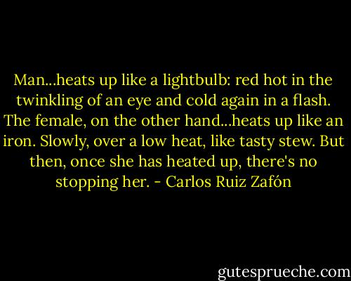 Man...heats up like a lightbulb: red hot in the twinkling of an eye and cold again in a flash. The female, on the other hand...heats up like an iron. Slowly, over a low heat, like tasty stew. But then, once she has heated up, there's no stopping her. - Carlos Ruiz Zafón