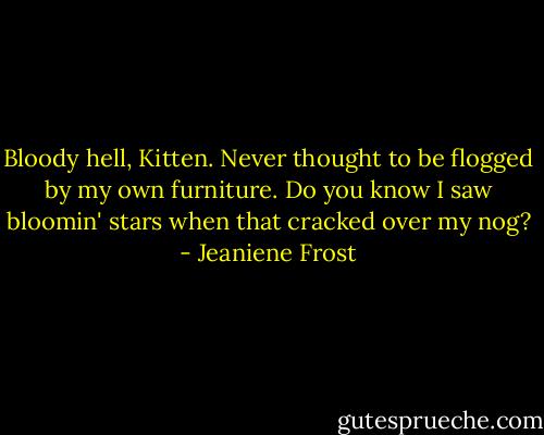 Bloody hell, Kitten. Never thought to be flogged by my own furniture. Do you know I saw bloomin' stars when that cracked over my nog? - Jeaniene Frost