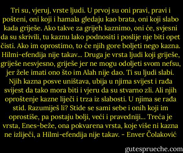 Tri su, vjeruj, vrste ljudi. U prvoj su oni pravi, pravi i pošteni, oni koji i hamala gledaju kao brata, oni koji slabo kada griješe. Ako takve za grijeh kaznimo, oni će, svjesni da su skrivili, tu kaznu lako podnositi i poslije nje biti opet čisti. Ako im oprostimo, to će njih gore boljeti nego kazna. Hilmi-efendija nije takav... Druga je vrsta ljudi koji griješe, griješe nesvjesno, griješe jer ne mogu odoljeti svom nefsu, jer žele imati ono što im Alah nije dao. Ti su ljudi slabi. Njih kazna posve uništava, ubija u njima svijest i rađa svijest da tako mora biti i vjeru da su stvarno zli. Ali njih oproštenje kazne liječi i trza iz slabosti. U njima se rađa stid. Razumiješ li? Stide se sami sebe i onih koji im oprostiše, pa postaju bolji, veći i pravedniji... Treća je vrsta, Enes-beže, ona pokvarena vrsta, koje više ni kazna ne izliječi, a Hilmi-efendija nije takav. - Enver Čolaković