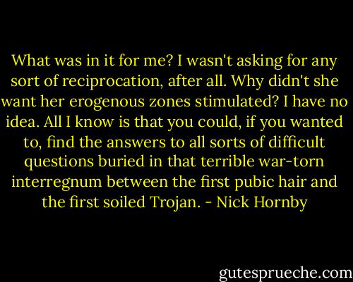 What was in it for me? I wasn't asking for any sort of reciprocation, after all. Why didn't she want her erogenous zones stimulated? I have no idea. All I know is that you could, if you wanted to, find the answers to all sorts of difficult questions buried in that terrible war-torn interregnum between the first pubic hair and the first soiled Trojan. - Nick Hornby