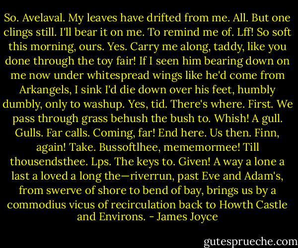 So. Avelaval. My leaves have drifted from me. All. But one clings still. I'll bear it on me. To remind me of. Lff! So soft this morning, ours. Yes. Carry me along, taddy, like you done through the toy fair! If I seen him bearing down on me now under whitespread wings like he'd come from Arkangels, I sink I'd die down over his feet, humbly dumbly, only to washup. Yes, tid. There's where. First. We pass through grass behush the bush to. Whish! A gull. Gulls. Far calls. Coming, far! End here. Us then. Finn, again! Take. Bussoftlhee, mememormee! Till thousendsthee. Lps. The keys to. Given! A way a lone a last a loved a long the—riverrun, past Eve and Adam's, from swerve of shore to bend of bay, brings us by a commodius vicus of recirculation back to Howth Castle and Environs. - James Joyce