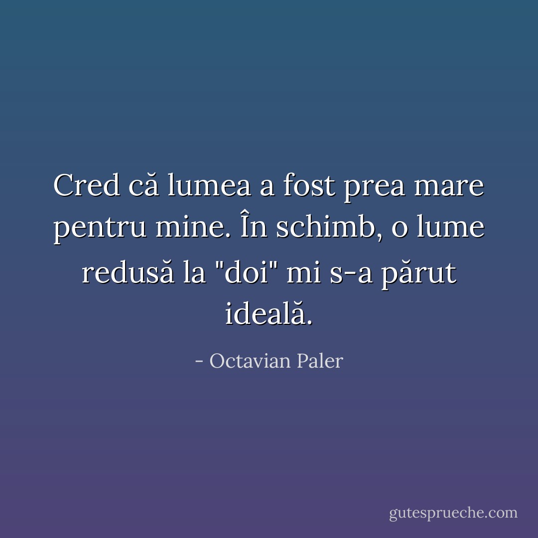 Cred că lumea a fost prea mare pentru mine. În schimb, o lume redusă la "doi" mi s-a părut ideală. - Octavian Paler