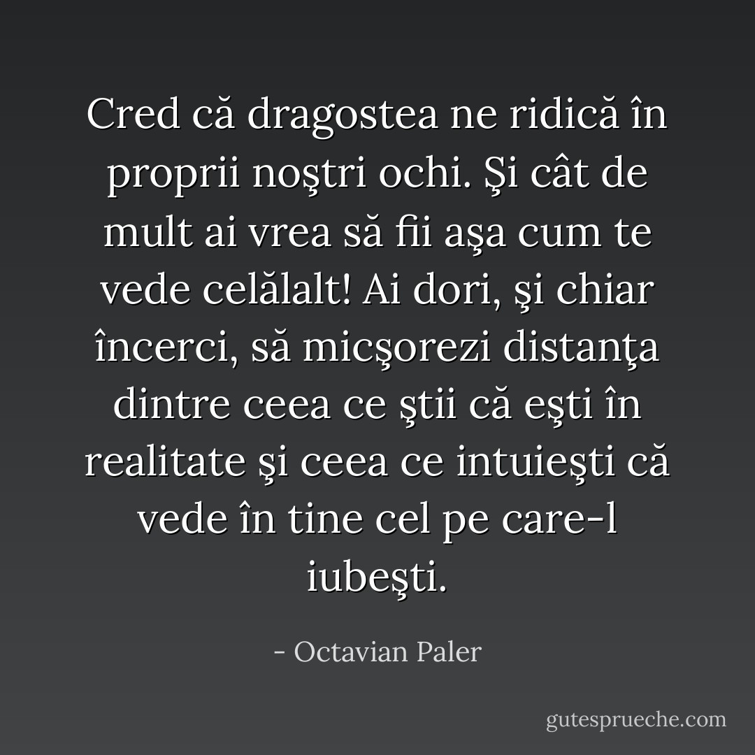 Cred că dragostea ne ridică în proprii noştri ochi. Şi cât de mult ai vrea să fii aşa cum te vede celălalt! Ai dori, şi chiar încerci, să micşorezi distanţa dintre ceea ce ştii că eşti în realitate şi ceea ce intuieşti că vede în tine cel pe care-l iubeşti. - Octavian Paler