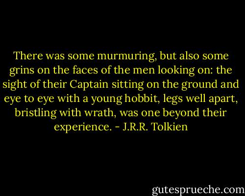 There was some murmuring, but also some grins on the faces of the men looking on: the sight of their Captain sitting on the ground and eye to eye with a young hobbit, legs well apart, bristling with wrath, was one beyond their experience. - J.R.R. Tolkien