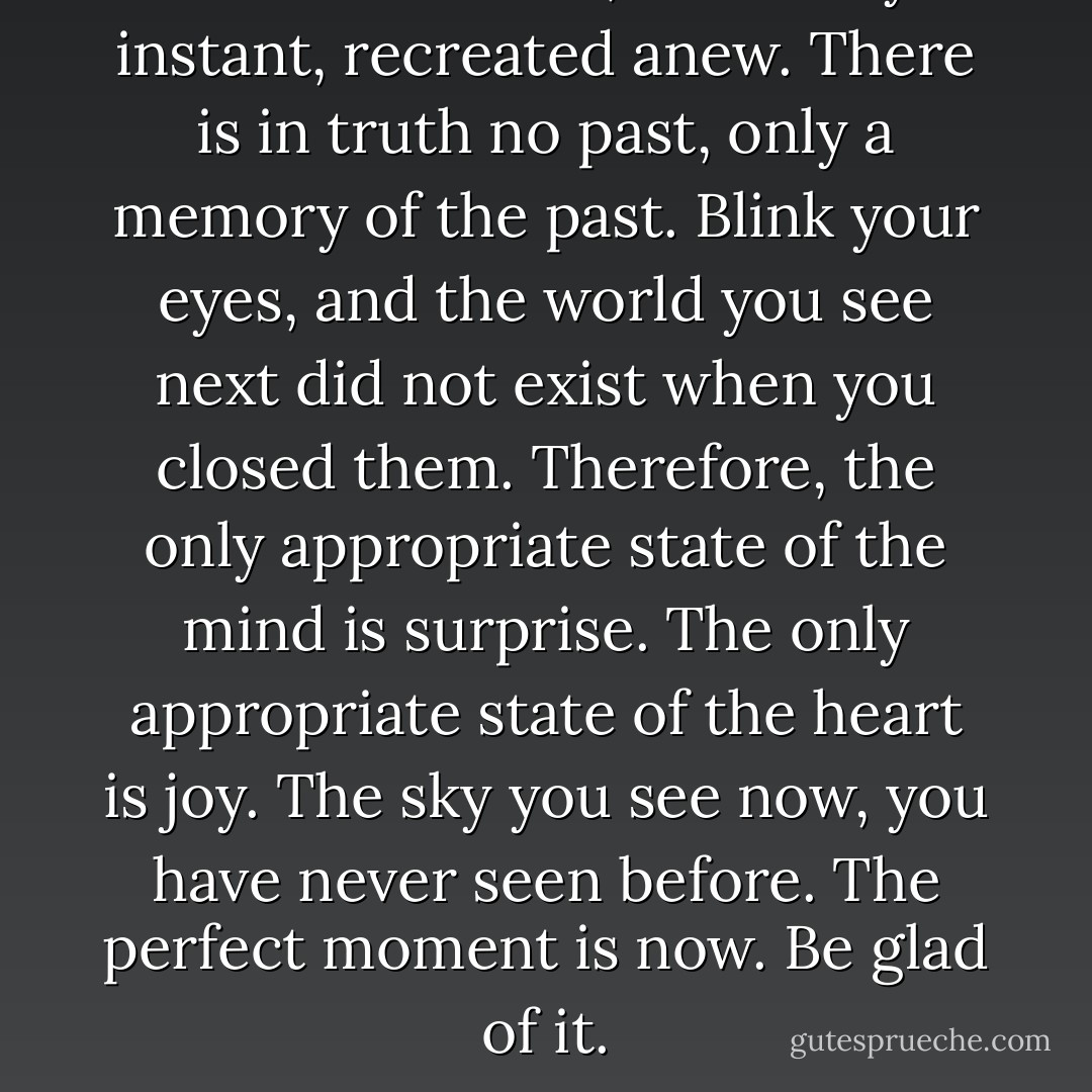The universe is, instant by instant, recreated anew. There is in truth no past, only a memory of the past. Blink your eyes, and the world you see next did not exist when you closed them. Therefore, the only appropriate state of the mind is surprise. The only appropriate state of the heart is joy. The sky you see now, you have never seen before. The perfect moment is now. Be glad of it. - Terry Pratchett