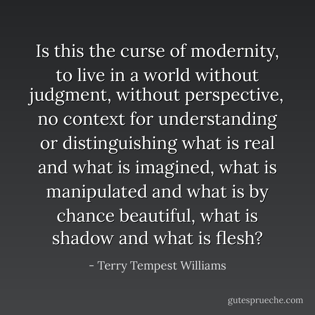 Is this the curse of modernity, to live in a world without judgment, without perspective, no context for understanding or distinguishing what is real and what is imagined, what is manipulated and what is by chance beautiful, what is shadow and what is flesh? - Terry Tempest Williams