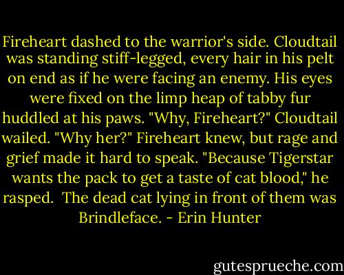 Fireheart dashed to the warrior's side. Cloudtail was standing stiff-legged, every hair in his pelt on end as if he were facing an enemy. His eyes were fixed on the limp heap of tabby fur huddled at his paws.<br />"Why, Fireheart?" Cloudtail wailed. "Why her?"<br />Fireheart knew, but rage and grief made it hard to speak. "Because Tigerstar wants the pack to get a taste of cat blood," he rasped. <br />The dead cat lying in front of them was Brindleface. - Erin Hunter