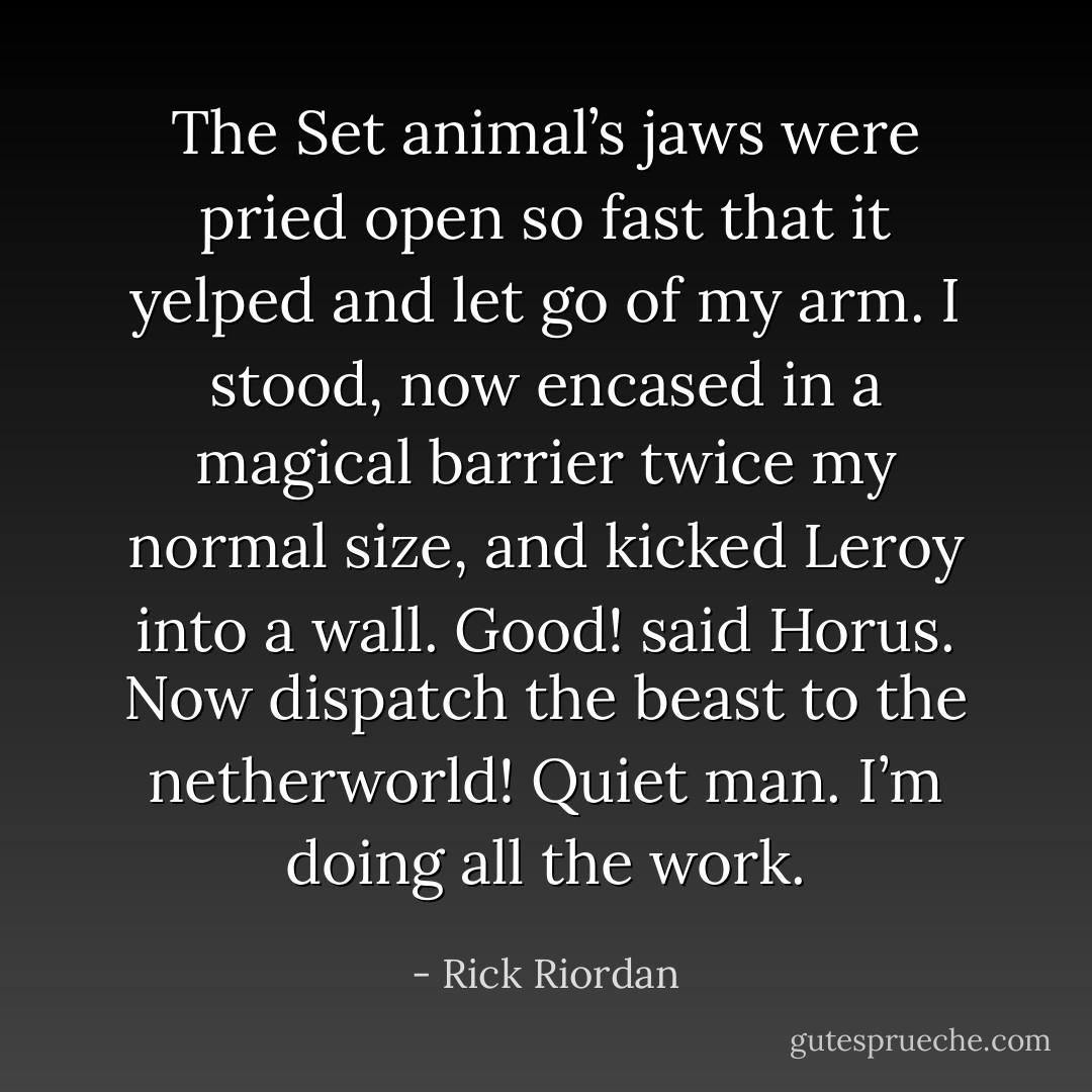 The Set animal’s jaws were pried open so fast that it yelped and let go of my arm. I stood, now encased in a magical barrier twice my normal size, and kicked Leroy into a wall.<br />Good! said Horus. Now dispatch the beast to the netherworld!<br />Quiet man. I’m doing all the work. - Rick Riordan