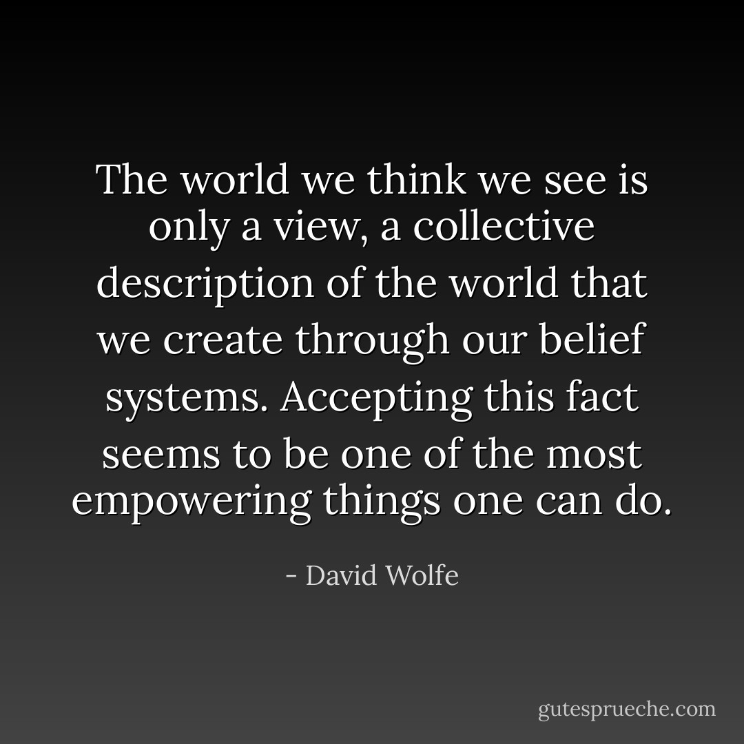The world we think we see is only a view, a collective description of the world that we create through our belief systems. Accepting this fact seems to be one of the most empowering things one can do. - David Wolfe