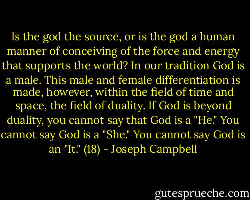 Is the god the source, or is the god a human manner of conceiving of the force and energy that supports the world? In our tradition God is a male. This male and female differentiation is made, however, within the field of time and space, the field of duality. If God is beyond duality, you cannot say that God is a "He." You cannot say God is a "She." You cannot say God is an "It." (18) - Joseph Campbell