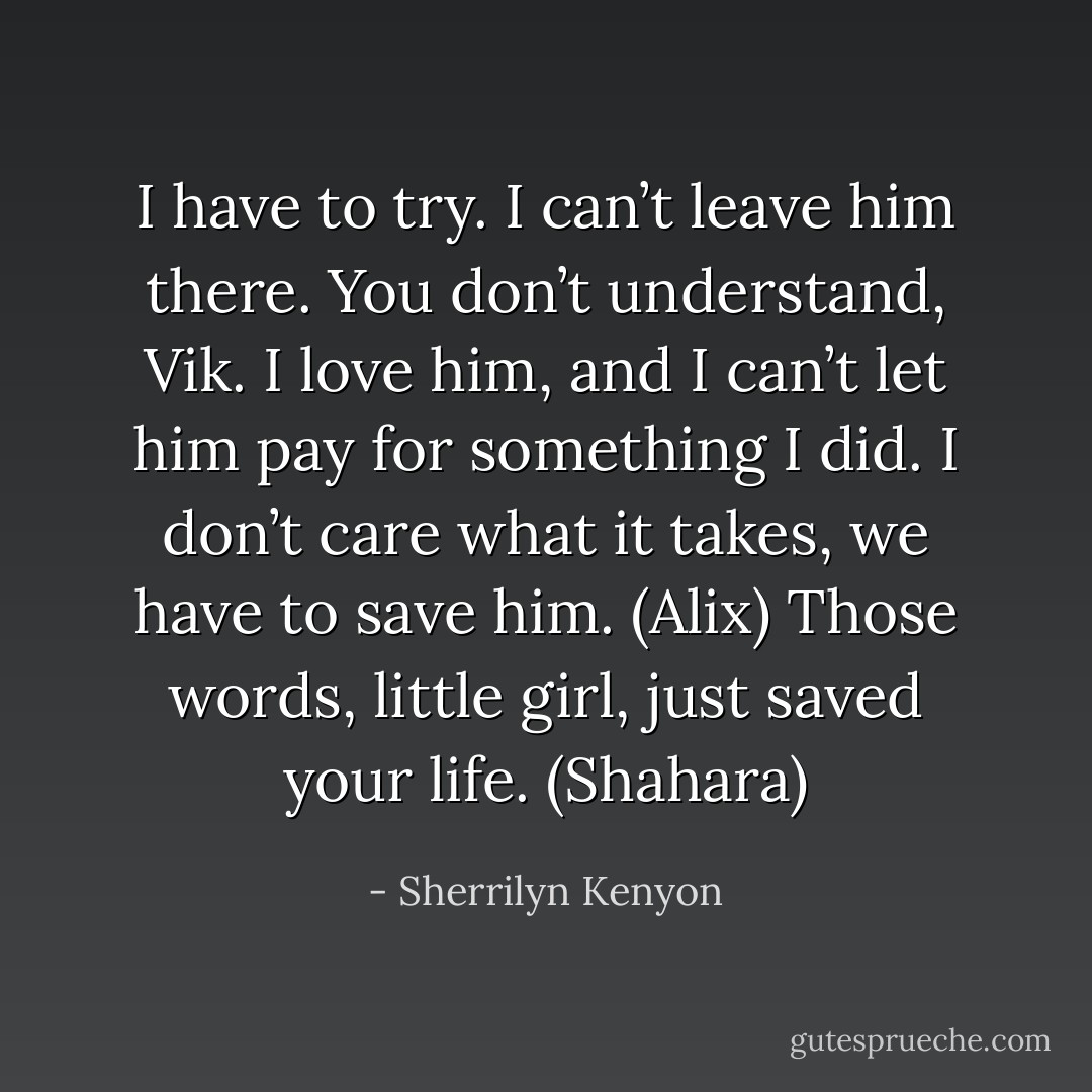 I have to try. I can’t leave him there. You don’t understand, Vik. I love him, and I can’t let him pay for something I did. I don’t care what it takes, we have to save him. (Alix)<br />Those words, little girl, just saved your life. (Shahara) - Sherrilyn Kenyon