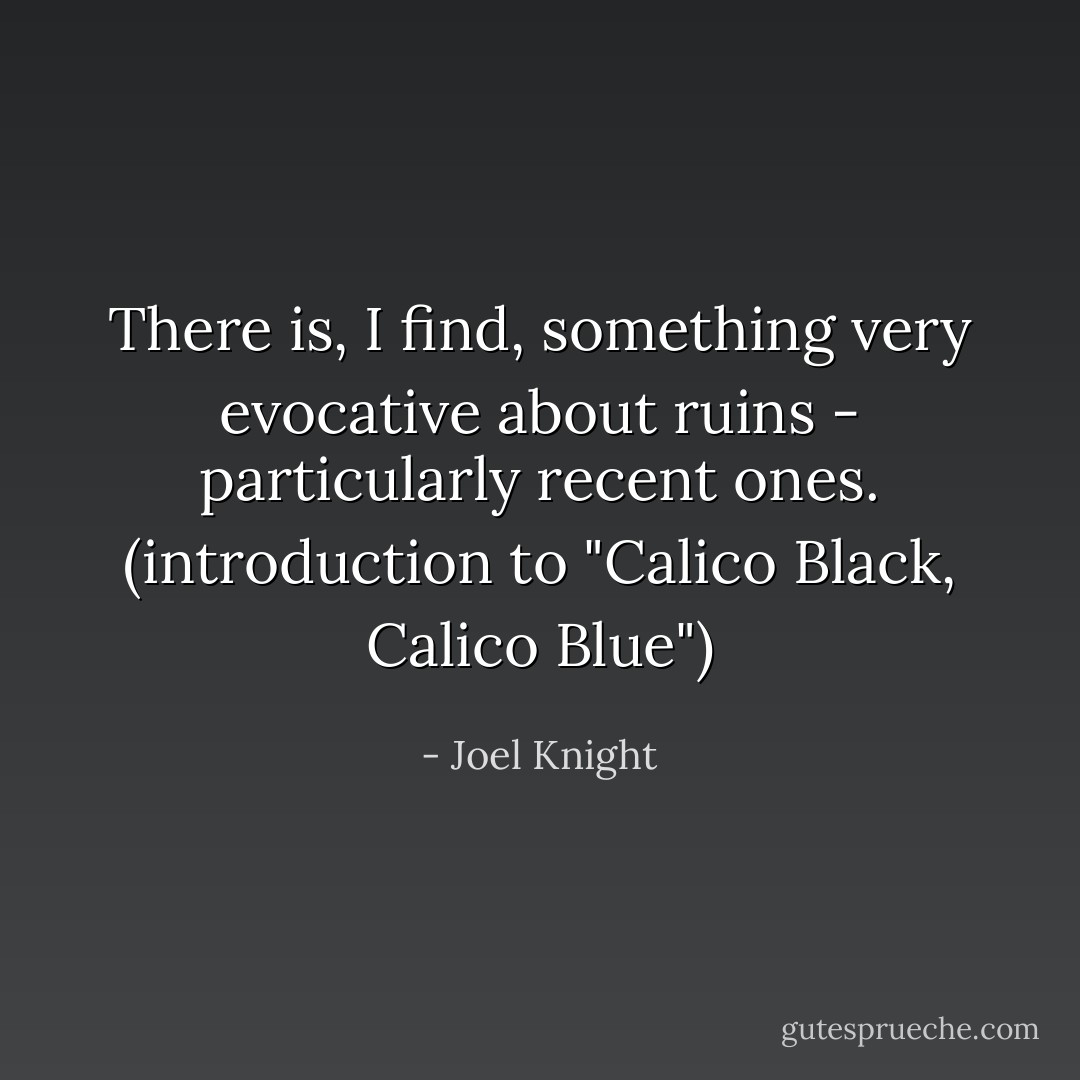 There is, I find, something very evocative about ruins - particularly recent ones. (introduction to "Calico Black, Calico Blue") - Joel Knight