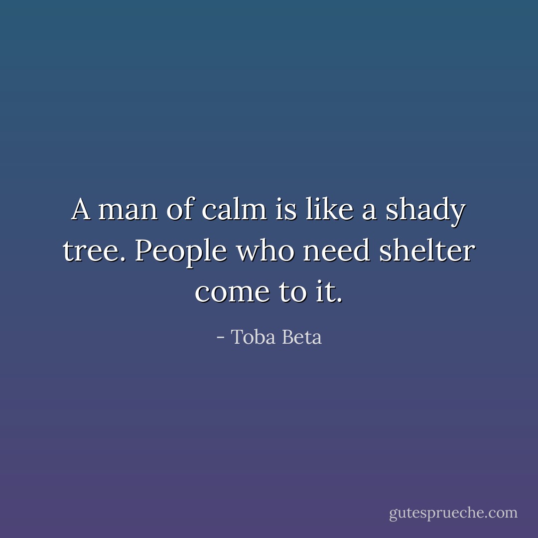A man of calm is like a shady tree.<br />People who need shelter come to it. - Toba Beta