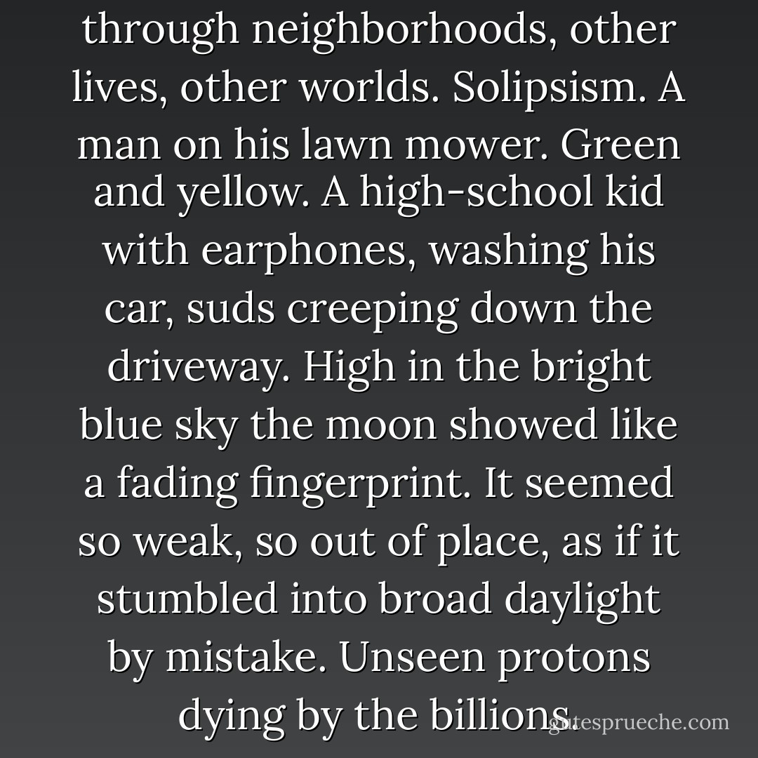 I had to get out. Move. <br /><br />I ran through neighborhoods, other lives, other worlds. Solipsism. A man on his lawn mower. Green and yellow. A high-school kid with earphones, washing his car, suds creeping down the driveway. High in the bright blue sky the moon showed like a fading fingerprint. It seemed so weak, so out of place, as if it stumbled into broad daylight by mistake. Unseen protons dying by the billions. - Jerry Spinelli