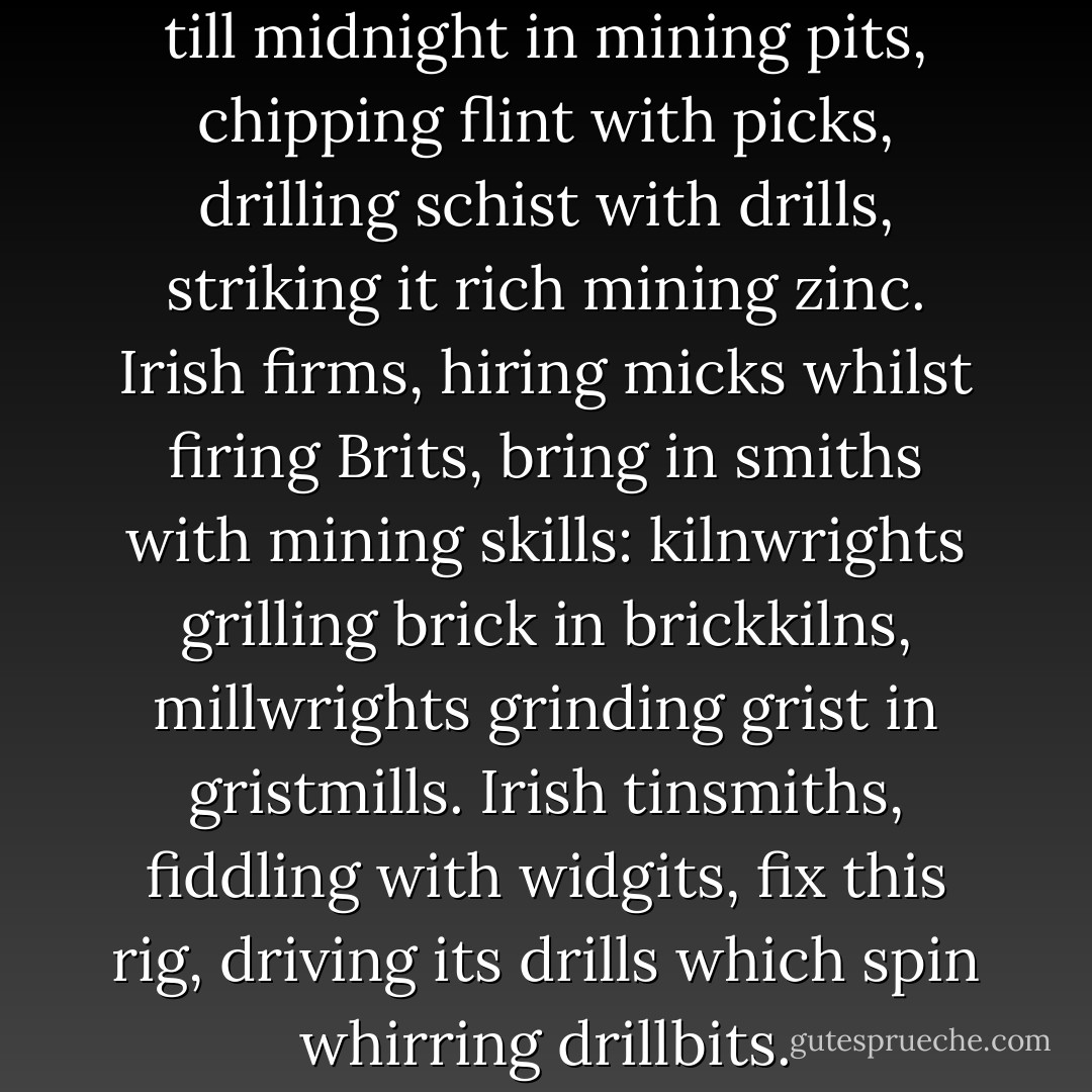Pilgrims, digging in shifts, dig till midnight in mining pits, chipping flint with picks, drilling schist with drills, striking it rich mining zinc. Irish firms, hiring micks whilst firing Brits, bring in smiths with mining skills: kilnwrights grilling brick in brickkilns, millwrights grinding grist in gristmills. Irish tinsmiths, fiddling with widgits, fix this rig, driving its drills which spin whirring drillbits. - Christian Bök