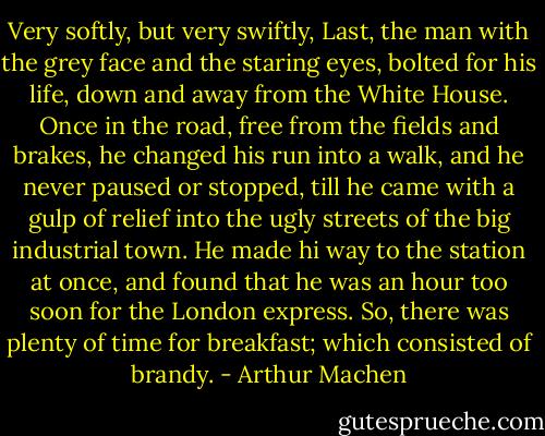 Very softly, but very swiftly, Last, the man with the grey face and the staring eyes, bolted for his life, down and away from the White House. Once in the road, free from the fields and brakes, he changed his run into a walk, and he never paused or stopped, till he came with a gulp of relief into the ugly streets of the big industrial town. He made hi way to the station at once, and found that he was an hour too soon for the London express. So, there was plenty of time for breakfast; which consisted of brandy. - Arthur Machen