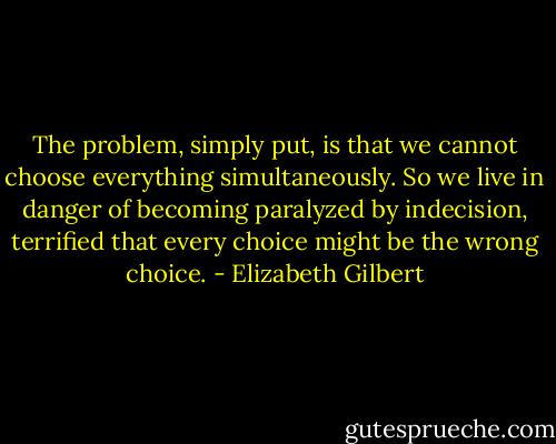 The problem, simply put, is that we cannot choose everything simultaneously. So we live in danger of becoming paralyzed by indecision, terrified that every choice might be the wrong choice. - Elizabeth Gilbert