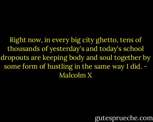 Right now, in every big city ghetto, tens of thousands of yesterday's and today's school dropouts are keeping body and soul together by some form of hustling in the same way I did. - Malcolm X
