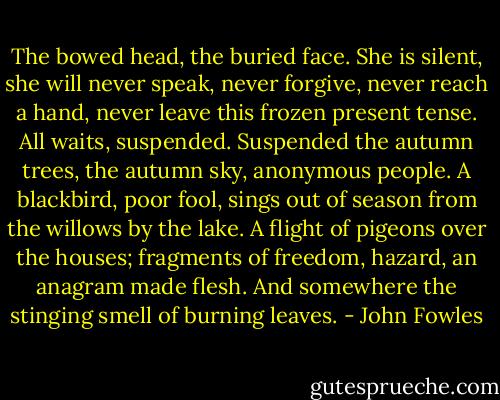 The bowed head, the buried face. She is silent, she will never speak, never forgive, never reach a hand, never leave this frozen present tense. All waits, suspended. Suspended the autumn trees, the autumn sky, anonymous people. A blackbird, poor fool, sings out of season from the willows by the lake. A flight of pigeons over the houses; fragments of freedom, hazard, an anagram made flesh. And somewhere the stinging smell of burning leaves. - John Fowles