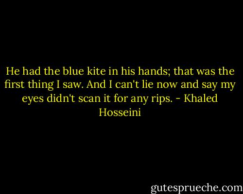 He had the blue kite in his hands; that was the first thing I saw. And I can't lie now and say my eyes didn't scan it for any rips. - Khaled Hosseini