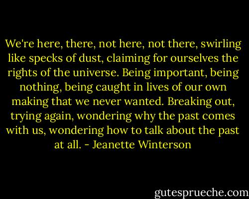 We're here, there, not here, not there, swirling like specks of dust, claiming for ourselves the rights of the universe. Being important, being nothing, being caught in lives of our own making that we never wanted. Breaking out, trying again, wondering why the past comes with us, wondering how to talk about the past at all. - Jeanette Winterson
