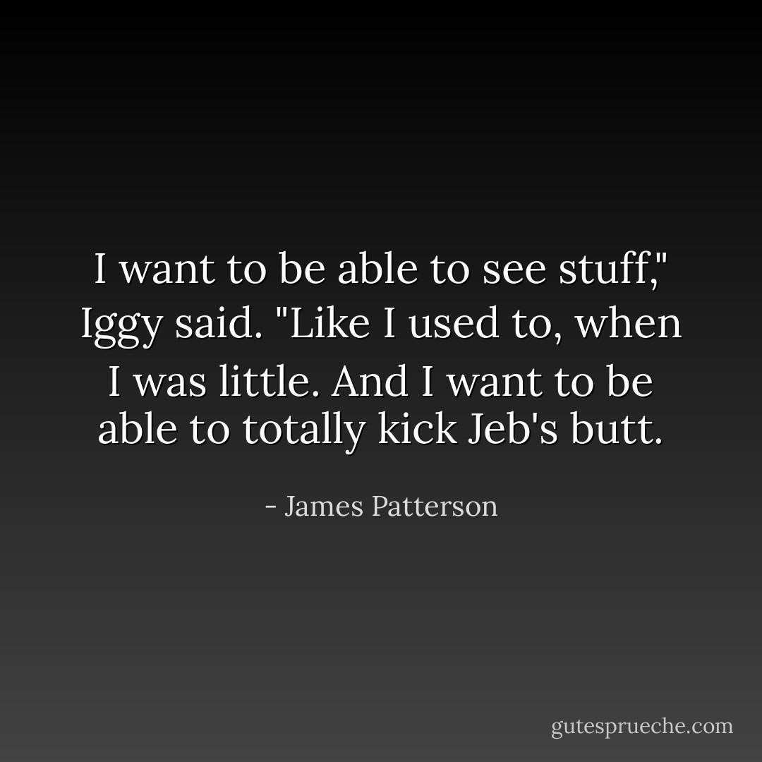 I want to be able to see stuff," Iggy said. "Like I used to, when I was little. And I want to be able to totally kick Jeb's butt. - James Patterson