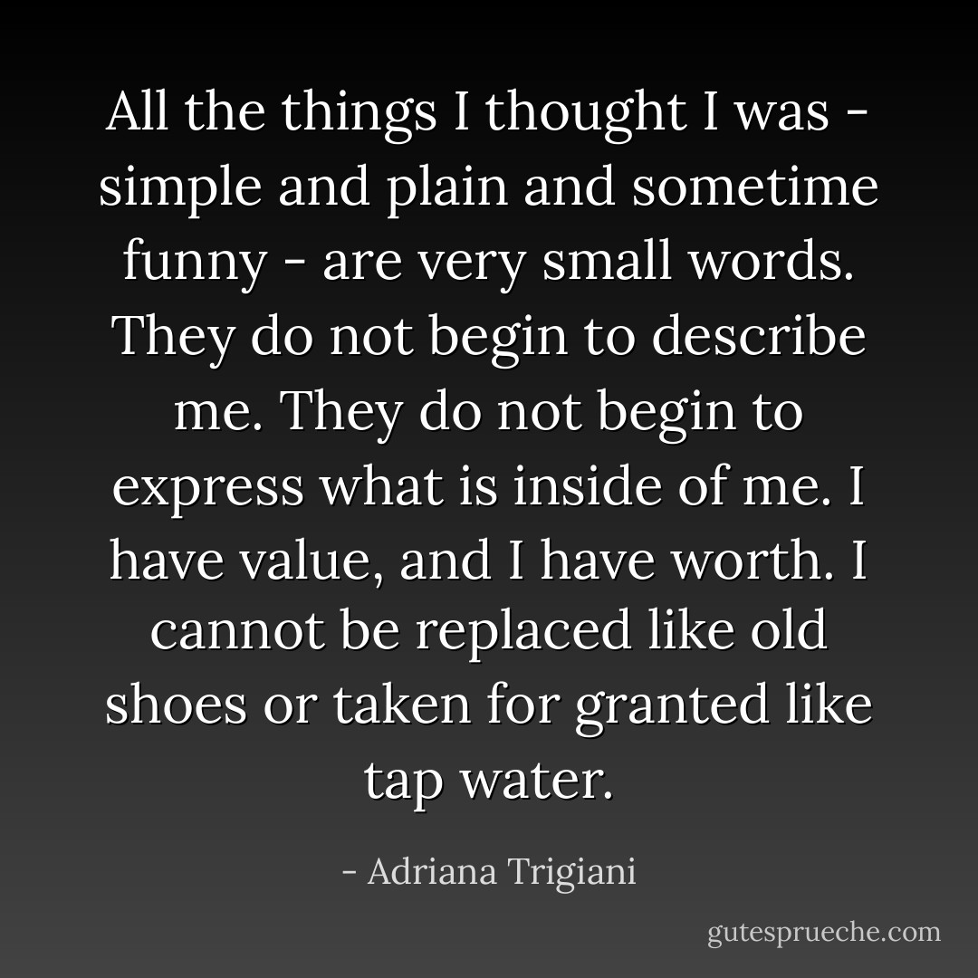 All the things I thought I was - simple and plain and sometime funny - are very small words. They do not begin to describe me. They do not begin to express what is inside of me. I have value, and I have worth. I cannot be replaced like old shoes or taken for granted like tap water. - Adriana Trigiani