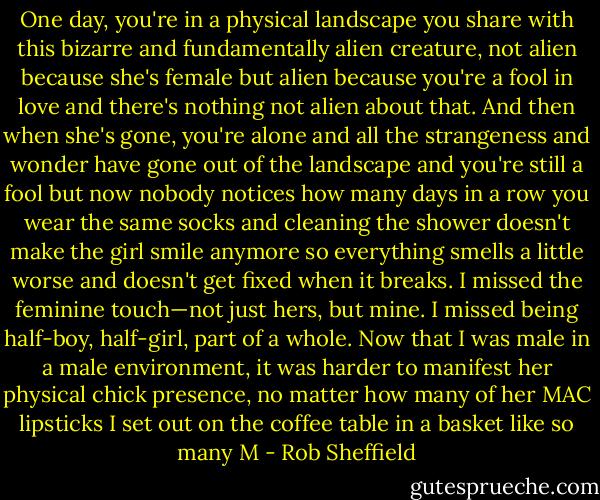 One day, you're in a physical landscape you share with this bizarre and fundamentally alien creature, not alien because she's female but alien because you're a fool in love and there's nothing not alien about that. And then when she's gone, you're alone and all the strangeness and wonder have gone out of the landscape and you're still a fool but now nobody notices how many days in a row you wear the same socks and cleaning the shower doesn't make the girl smile anymore so everything smells a little worse and doesn't get fixed when it breaks. I missed the feminine touch—not just hers, but mine. I missed being half-boy, half-girl, part of a whole. Now that I was male in a male environment, it was harder to manifest her physical chick presence, no matter how many of her MAC lipsticks I set out on the coffee table in a basket like so many M - Rob Sheffield