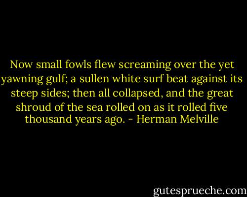 Now small fowls flew screaming over the yet yawning gulf; a sullen white surf beat against its steep sides; then all collapsed, and the great shroud of the sea rolled on as it rolled five thousand years ago. - Herman Melville