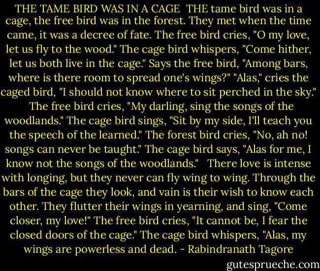 THE TAME BIRD WAS IN A CAGE<br /><br />THE tame bird was in a cage, the free bird was in the forest.<br />They met when the time came, it was a decree of fate.<br />The free bird cries, "O my love, let us fly to the wood."<br />The cage bird whispers, "Come hither, let us both live in the cage."<br />Says the free bird, "Among bars, where is there room to spread one's wings?"<br />"Alas," cries the caged bird, "I should not know where to sit perched in the sky."<br /> <br />The free bird cries, "My darling, sing the songs of the woodlands."<br />The cage bird sings, "Sit by my side, I'll teach you the speech of the learned."<br />The forest bird cries, "No, ah no! songs can never be taught."<br />The cage bird says, "Alas for me, I know not the songs of the woodlands."<br /> <br />There love is intense with longing, but they never can fly wing to wing.<br />Through the bars of the cage they look, and vain is their wish to know each other.<br />They flutter their wings in yearning, and sing, "Come closer, my love!"<br />The free bird cries, "It cannot be, I fear the closed doors of the cage."<br />The cage bird whispers, "Alas, my wings are powerless and dead. - Rabindranath Tagore
