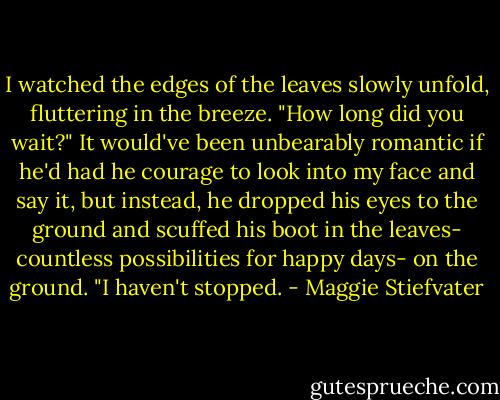 I watched the edges of the leaves slowly unfold, fluttering in the breeze. "How long did you wait?" It would've been unbearably romantic if he'd had he courage to look into my face and say it, but instead, he dropped his eyes to the ground and scuffed his boot in the leaves- countless possibilities for happy days- on the ground. "I haven't stopped. - Maggie Stiefvater