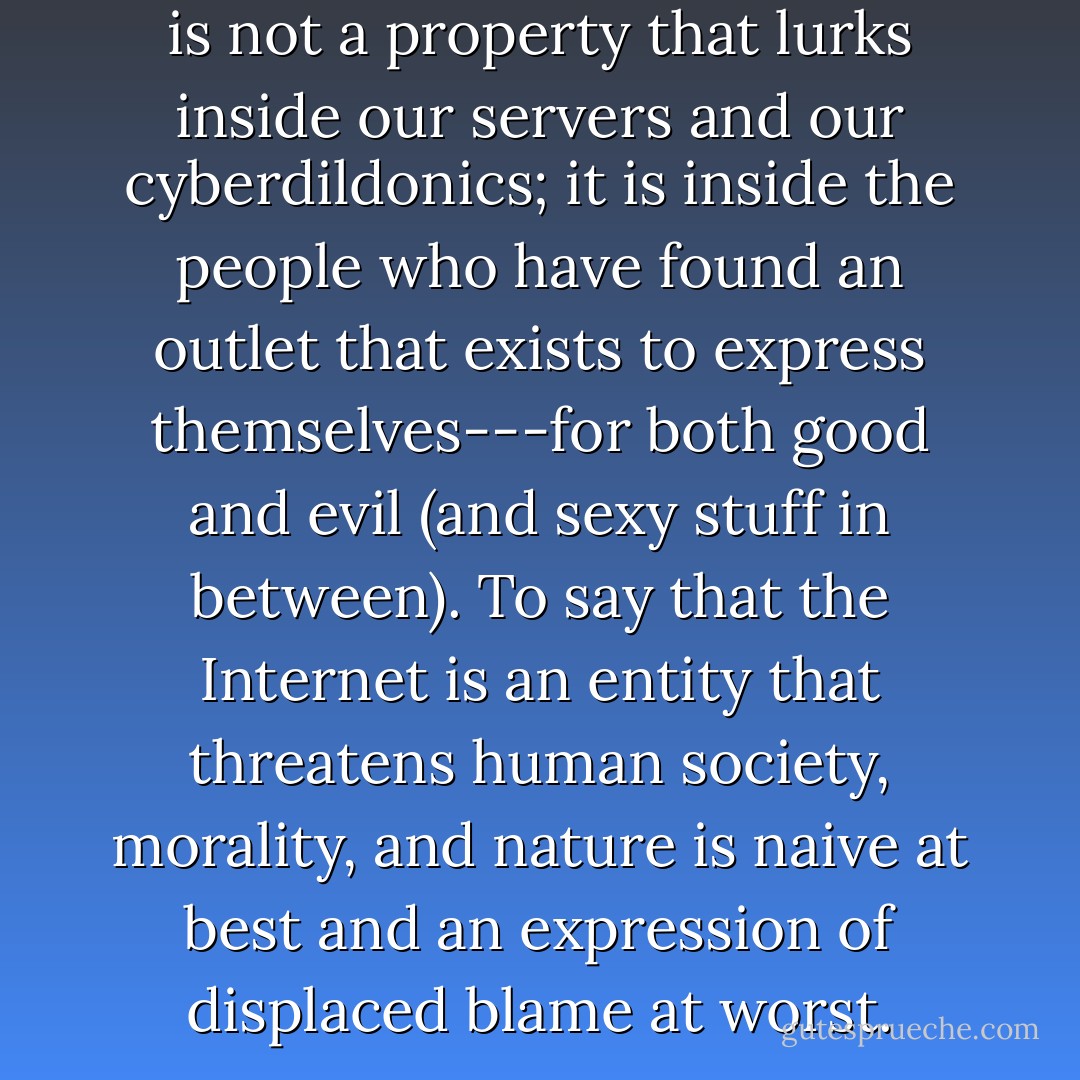 The darkness that exists online is not a property that lurks inside our servers and our cyberdildonics; it is inside the people who have found an outlet that exists to express themselves---for both good and evil (and sexy stuff in between). To say that the Internet is an entity that threatens human society, morality, and nature is naive at best and an expression of displaced blame at worst. - Audacia Ray