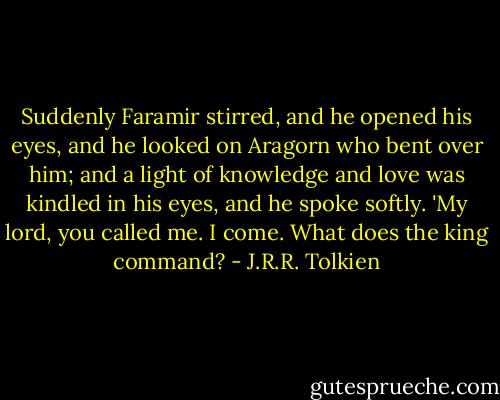 Suddenly Faramir stirred, and he opened his eyes, and he looked on Aragorn who bent over him; and a light of knowledge and love was kindled in his eyes, and he spoke softly. 'My lord, you called me. I come. What does the king command? - J.R.R. Tolkien