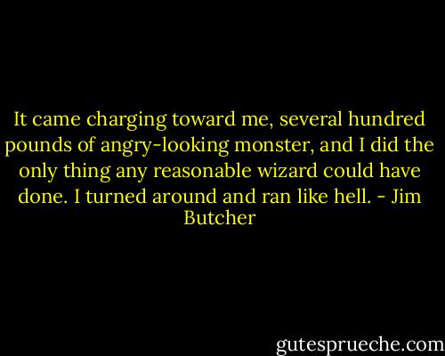 It came charging toward me, several hundred pounds of angry-looking monster, and I did the only thing any reasonable wizard could have done.<br />I turned around and ran like hell. - Jim Butcher
