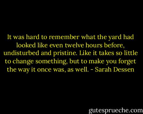 It was hard to remember what the yard had looked like even twelve hours before, undisturbed and pristine. Like it takes so little to change something, but to make you forget the way it once was, as well. - Sarah Dessen