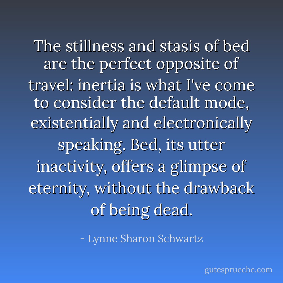 The stillness and stasis of bed are the perfect opposite of travel: inertia is what I've come to consider the default mode, existentially and electronically speaking. Bed, its utter inactivity, offers a glimpse of eternity, without the drawback of being dead. - Lynne Sharon Schwartz