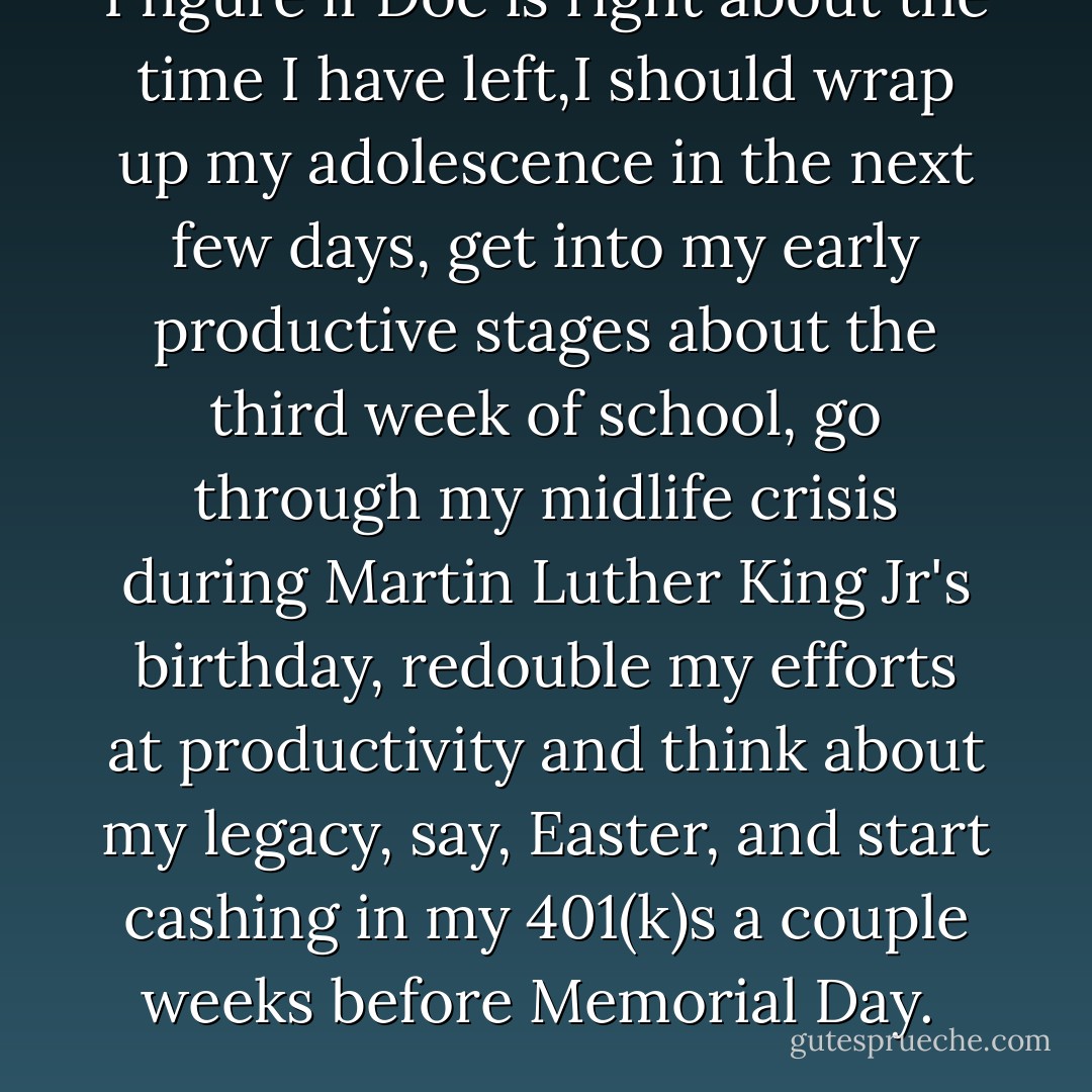 I figure if Doc is right about the time I have left,I should wrap up my adolescence in the next few days, get into my early productive stages about the third week of school, go through my midlife crisis during Martin Luther King Jr's birthday, redouble my efforts at productivity and think about my legacy, say, Easter, and start cashing in my 401(k)s a couple weeks before Memorial Day.  - Chris Crutcher