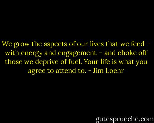 We grow the aspects of our lives that we feed – with energy and engagement – and choke off those we deprive of fuel. Your life is what you agree to attend to. - Jim Loehr