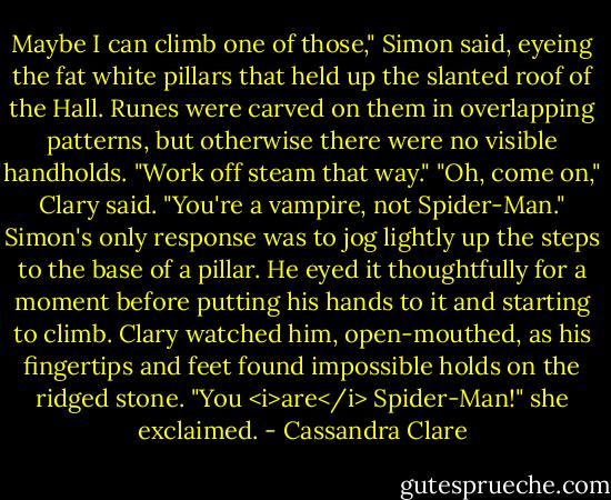Maybe I can climb one of those," Simon said, eyeing the fat white pillars that held up the slanted roof of the Hall. Runes were carved on them in overlapping patterns, but otherwise there were no visible handholds. "Work off steam that way."<br />"Oh, come on," Clary said. "You're a vampire, not Spider-Man."<br />Simon's only response was to jog lightly up the steps to the base of a pillar. He eyed it thoughtfully for a moment before putting his hands to it and starting to climb. Clary watched him, open-mouthed, as his fingertips and feet found impossible holds on the ridged stone. "You <i>are</i> Spider-Man!" she exclaimed. - Cassandra Clare