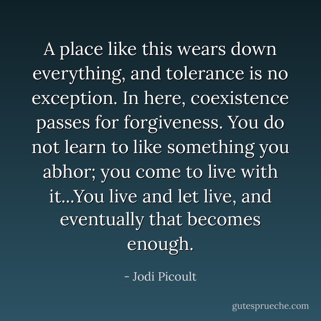 A place like this wears down everything, and tolerance is no exception. In here, coexistence passes for forgiveness. You do not learn to like something you abhor; you come to live with it...You live and let live, and eventually that becomes enough. - Jodi Picoult