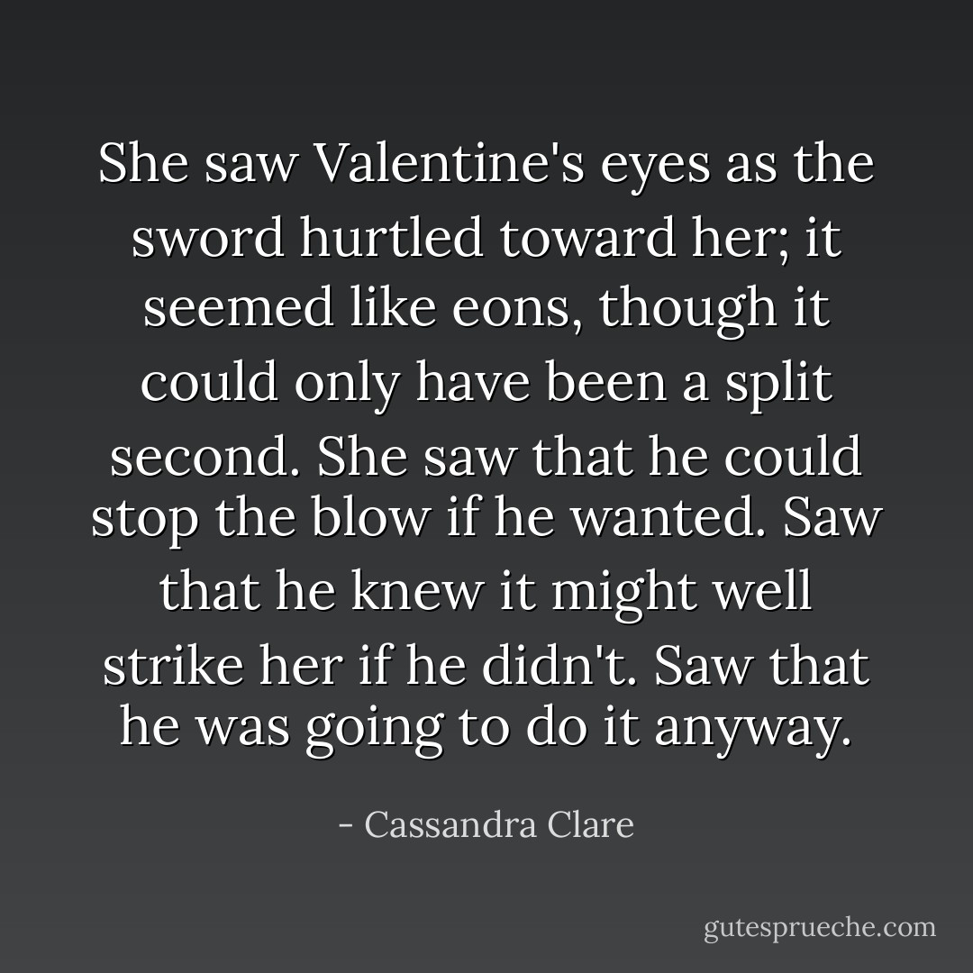 She saw Valentine's eyes as the sword hurtled toward her; it seemed<br />like eons, though it could only have been a split second. She saw that he<br />could stop the blow if he wanted. Saw that he knew it might well strike her<br />if he didn't. Saw that he was going to do it anyway. - Cassandra Clare