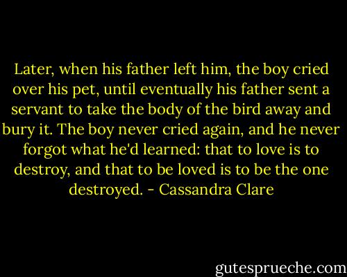 Later, when his father left him, the boy cried over his pet, until eventually his father sent a servant to take the body of the bird away and bury it. The boy never cried again, and he never forgot what he'd learned: that to love is to destroy, and that to be loved is to be the one destroyed. - Cassandra Clare