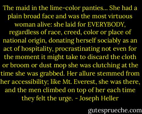 The maid in the lime-color panties... She had a plain broad face and was the most virtuous woman alive: she laid for EVERYBODY, regardless of race, creed, color or place of national origin, donating herself sociably as an act of hospitality, procrastinating not even for the moment it might take to discard the cloth or broom or dust mop she was clutching at the time she was grabbed. Her allure stemmed from her accessibility; like Mt. Everest, she was there, and the men climbed on top of her each time they felt the urge. - Joseph Heller