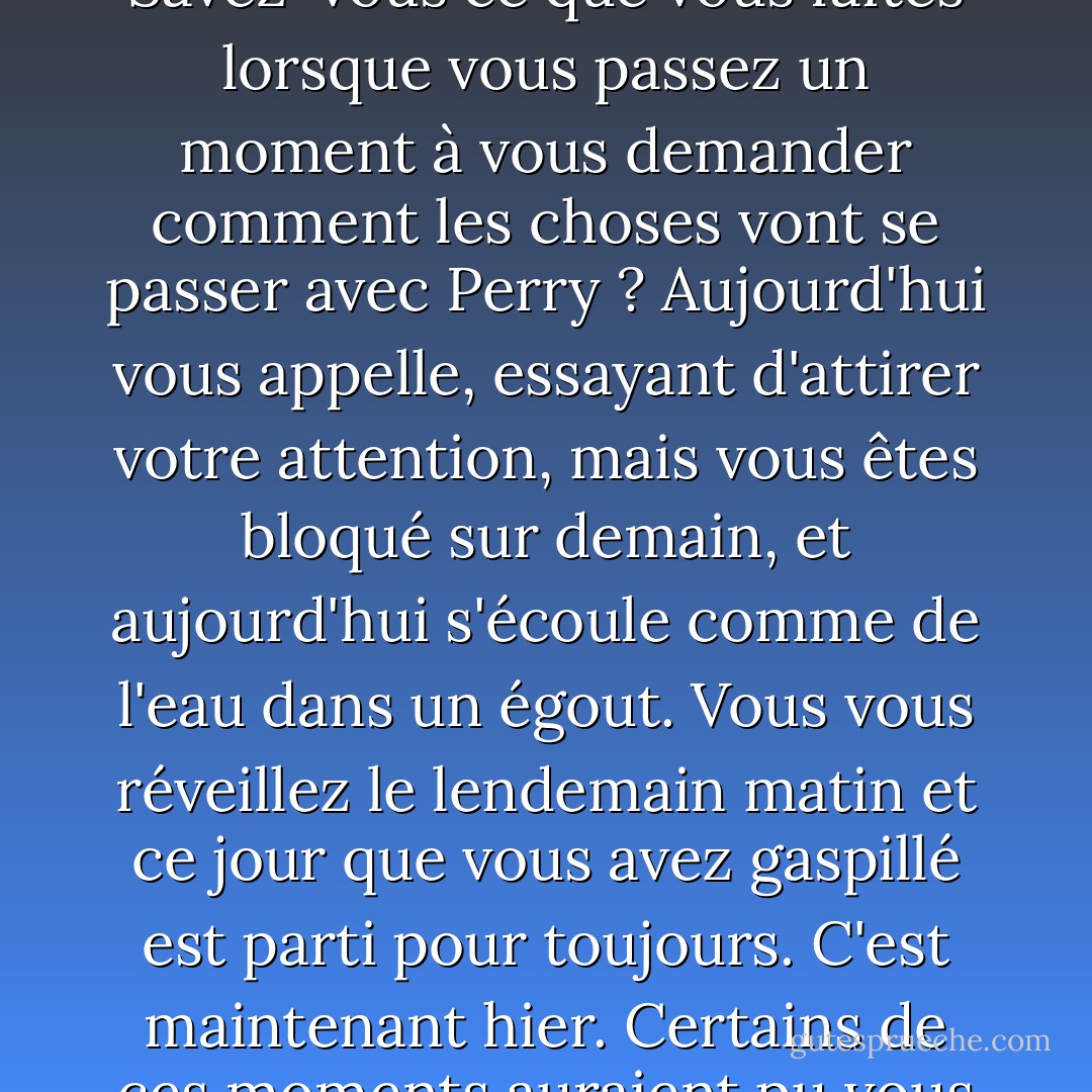 Vivre aujourd'hui. Pas hier. Pas demain. Juste aujourd'hui. Habitez vos moments. Ne les louez pas pour demain. Savez-vous ce que vous faites lorsque vous passez un moment à vous demander comment les choses vont se passer avec Perry ? Aujourd'hui vous appelle, essayant d'attirer votre attention, mais vous êtes bloqué sur demain, et aujourd'hui s'écoule comme de l'eau dans un égout. Vous vous réveillez le lendemain matin et ce jour que vous avez gaspillé est parti pour toujours. C'est maintenant hier. Certains de ces moments auraient pu vous réserver des choses merveilleuses, mais vous ne le saurez jamais. - Jerry Spinelli