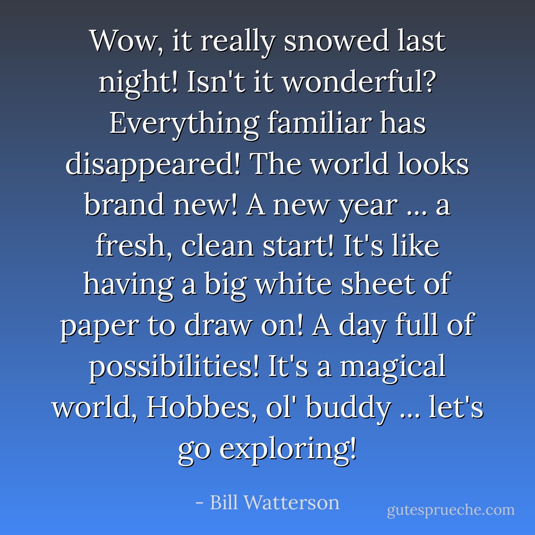 Wow, it really snowed last night! Isn't it wonderful? Everything familiar has disappeared! The world looks brand new!<br />A new year ... a fresh, clean start! It's like having a big white sheet of paper to draw on! A day full of possibilities! It's a magical world, Hobbes, ol' buddy ... let's go exploring! - Bill Watterson