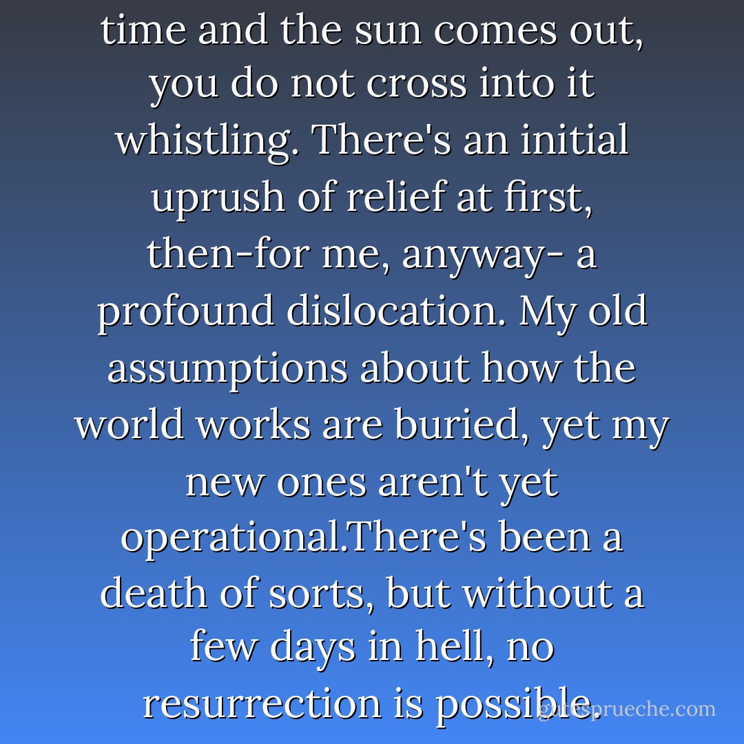 If you live in the dark a long time and the sun comes out, you do not cross into it whistling. There's an initial uprush of relief at first, then-for me, anyway- a profound dislocation. My old assumptions about how the world works are buried, yet my new ones aren't yet operational.There's been a death of sorts, but without a few days in hell, no resurrection is possible. - Mary Karr