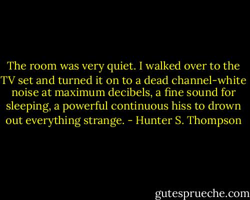 The room was very quiet. I walked over to the TV set and turned it on to a dead channel-white noise at maximum decibels, a fine sound for sleeping, a powerful continuous hiss to drown out everything strange. - Hunter S. Thompson